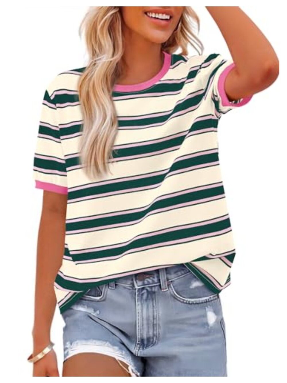 Womens Striped Short Sleeve Crew Neck Loose Fit Summer T-Shirt